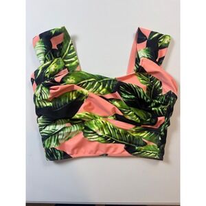 Albion Fit Tropical Palm Leaf Wrap Bikini Top Peach Green Small